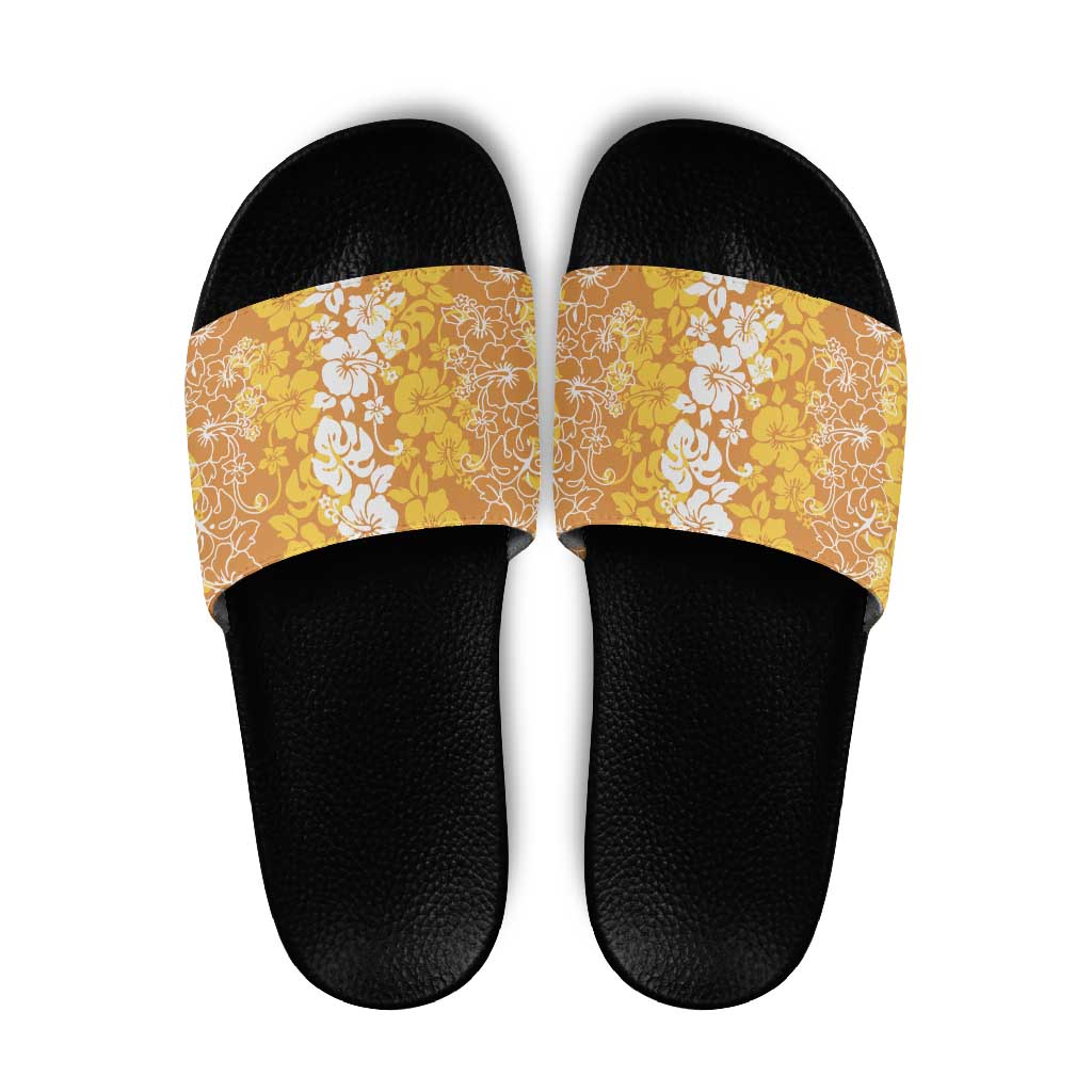 Hawaiian Lei Day Slide Sandals Gold Hibiscus Flowers Lei Art - Polynesian Pride