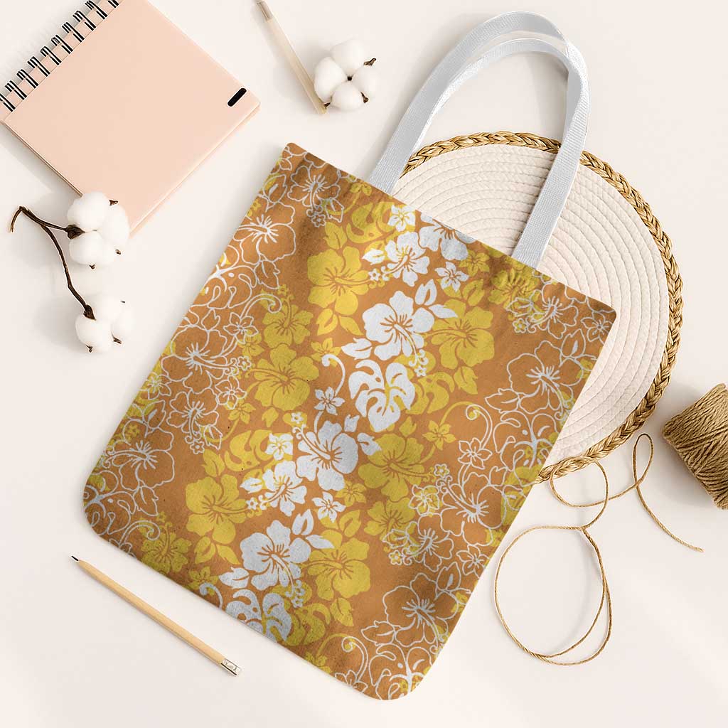 Hawaiian Lei Day Tote Bag Gold Hibiscus Flowers Lei Art LT9 White Strap One Size Gold - Polynesian Pride