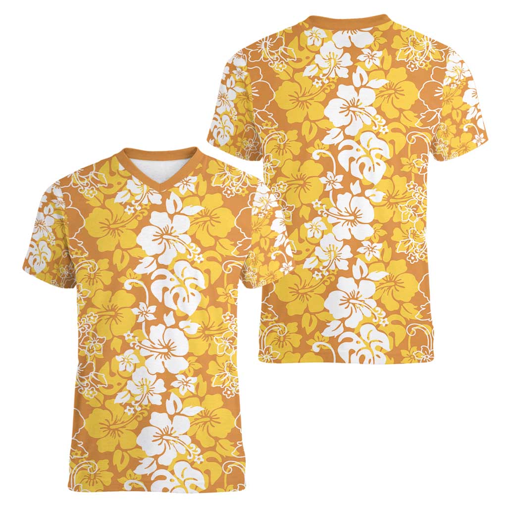 Hawaiian Lei Day Women V-Neck T-Shirt Gold Hibiscus Flowers Lei Art LT9 - Polynesian Pride