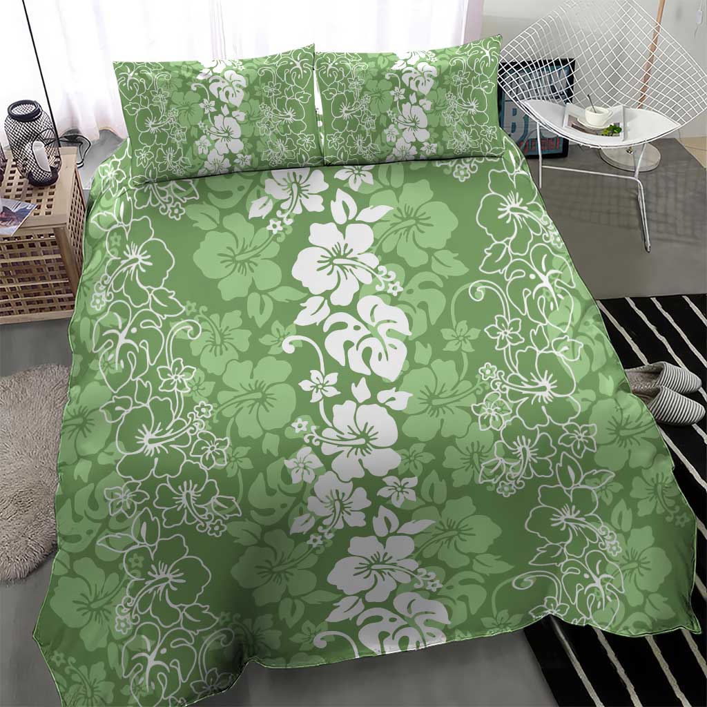 Hawaiian Lei Day Bedding Set Green Hibiscus Flowers Lei Art