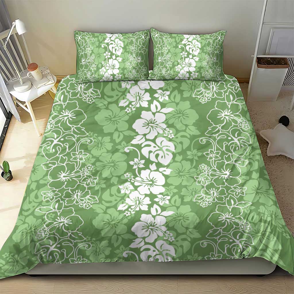 Hawaiian Lei Day Bedding Set Green Hibiscus Flowers Lei Art