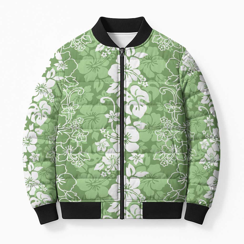 Hawaiian Lei Day Bomber Puffer Jacket Green Hibiscus Flowers Lei Art LT9 Unisex Green - Polynesian Pride