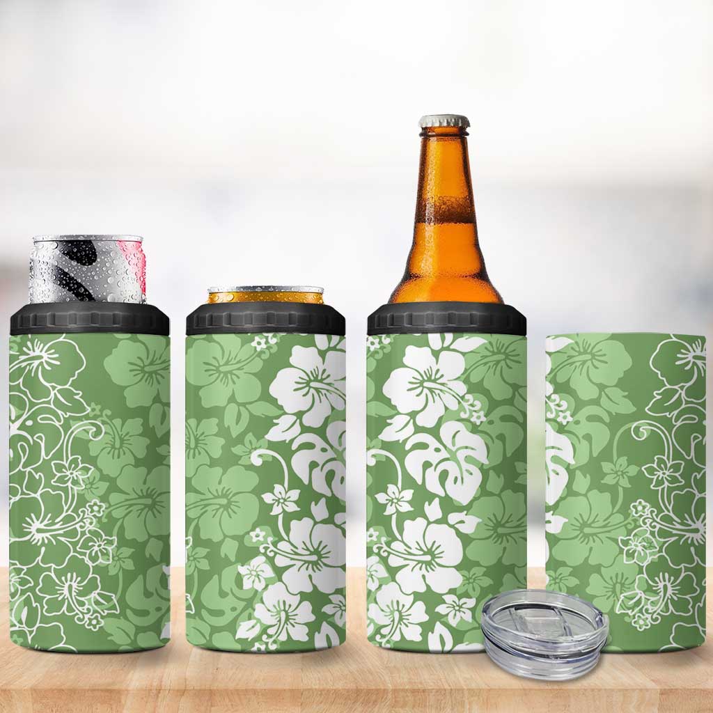 Hawaiian Lei Day 4 in 1 Can Cooler Tumbler Green Hibiscus Flowers Lei Art