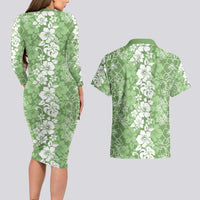 Hawaiian Lei Day Couples Matching Long Sleeve Bodycon Dress and Hawaiian Shirt Green Hibiscus Flowers Lei Art LT9 - Polynesian Pride