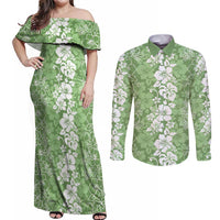 Hawaiian Lei Day Couples Matching Off Shoulder Maxi Dress and Long Sleeve Button Shirt Green Hibiscus Flowers Lei Art LT9 Green - Polynesian Pride