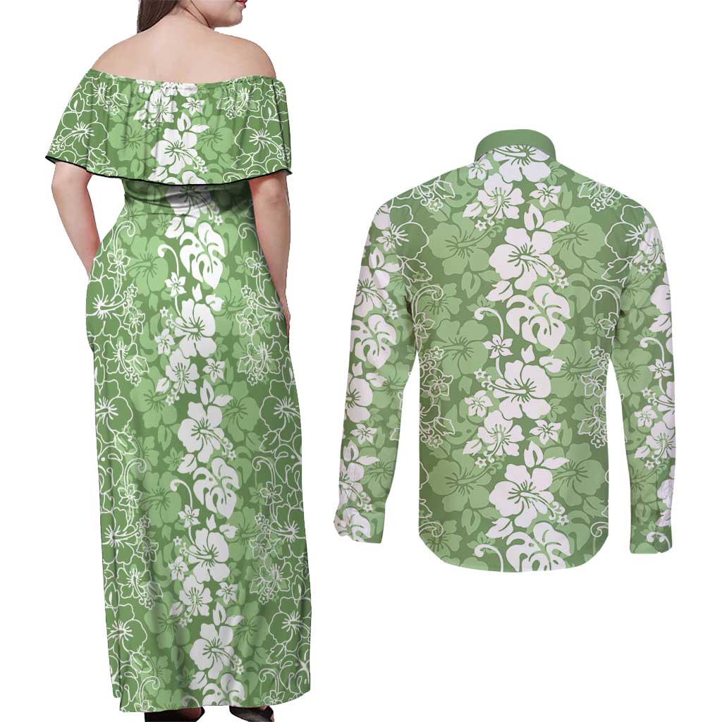 Hawaiian Lei Day Couples Matching Off Shoulder Maxi Dress and Long Sleeve Button Shirt Green Hibiscus Flowers Lei Art LT9 - Polynesian Pride
