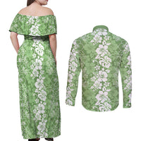 Hawaiian Lei Day Couples Matching Off Shoulder Maxi Dress and Long Sleeve Button Shirt Green Hibiscus Flowers Lei Art LT9 - Polynesian Pride
