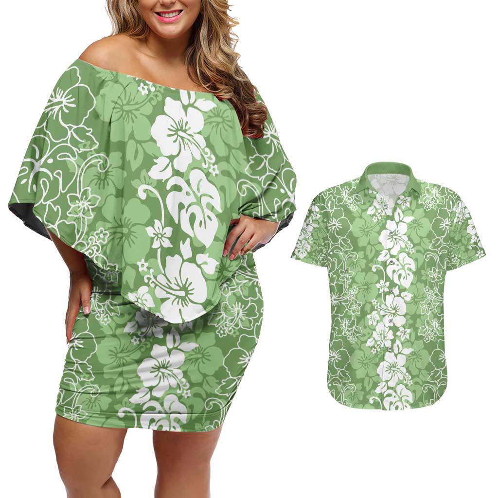 Hawaiian Lei Day Couples Matching Off Shoulder Short Dress and Hawaiian Shirt Green Hibiscus Flowers Lei Art LT9 Green - Polynesian Pride
