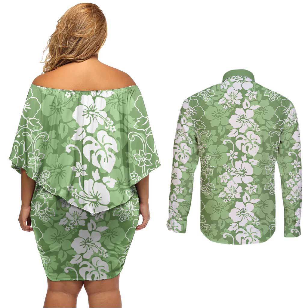 Hawaiian Lei Day Couples Matching Off Shoulder Short Dress and Long Sleeve Button Shirt Green Hibiscus Flowers Lei Art LT9 - Polynesian Pride