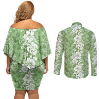 Hawaiian Lei Day Couples Matching Off Shoulder Short Dress and Long Sleeve Button Shirt Green Hibiscus Flowers Lei Art LT9 - Polynesian Pride