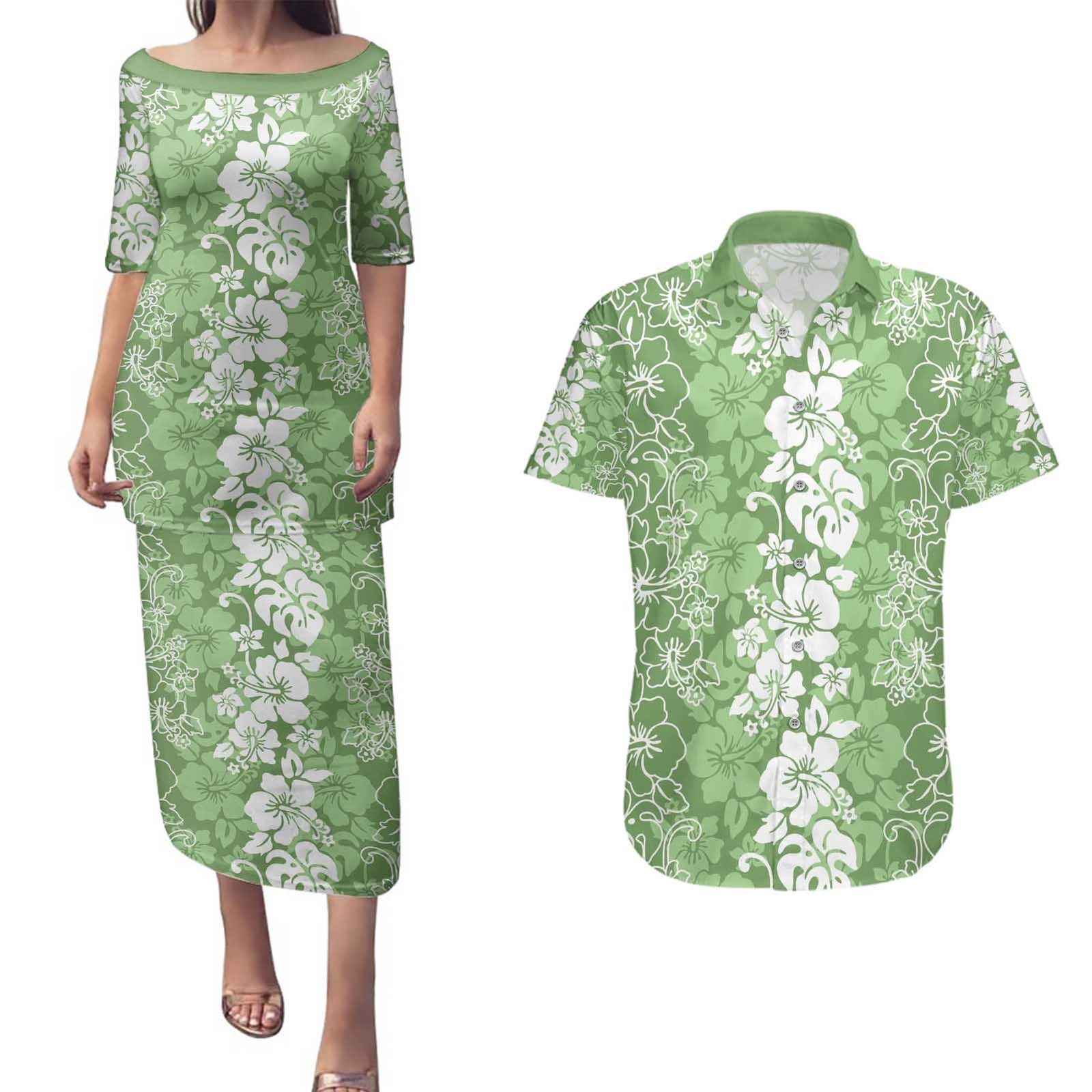 Hawaiian Lei Day Couples Matching Puletasi and Hawaiian Shirt Green Hibiscus Flowers Lei Art LT9 Green - Polynesian Pride