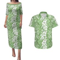 Hawaiian Lei Day Couples Matching Puletasi and Hawaiian Shirt Green Hibiscus Flowers Lei Art LT9 Green - Polynesian Pride