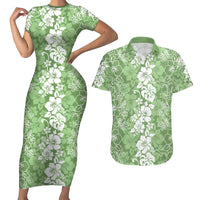 Hawaiian Lei Day Couples Matching Short Sleeve Bodycon Dress and Hawaiian Shirt Green Hibiscus Flowers Lei Art LT9 Green - Polynesian Pride