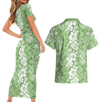 Hawaiian Lei Day Couples Matching Short Sleeve Bodycon Dress and Hawaiian Shirt Green Hibiscus Flowers Lei Art LT9 - Polynesian Pride