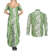 Hawaiian Lei Day Couples Matching Summer Maxi Dress and Long Sleeve Button Shirt Green Hibiscus Flowers Lei Art LT9 - Polynesian Pride
