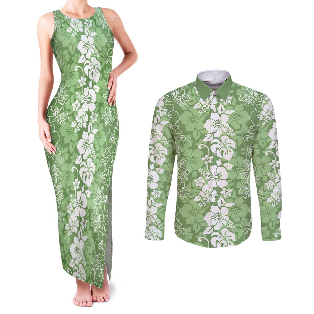 Hawaiian Lei Day Couples Matching Tank Maxi Dress and Long Sleeve Button Shirt Green Hibiscus Flowers Lei Art LT9 Green - Polynesian Pride