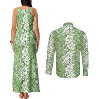 Hawaiian Lei Day Couples Matching Tank Maxi Dress and Long Sleeve Button Shirt Green Hibiscus Flowers Lei Art LT9 - Polynesian Pride