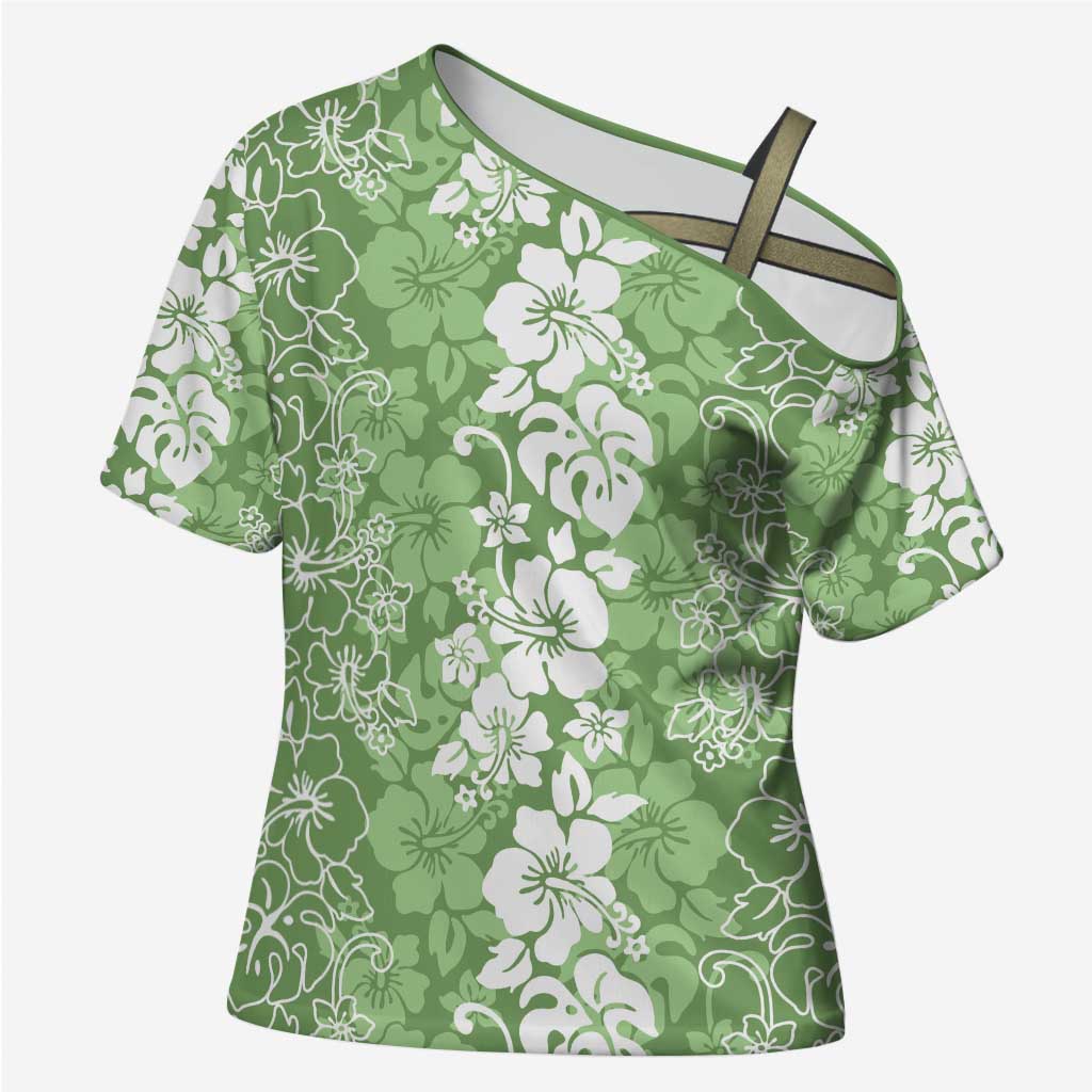 Hawaiian Lei Day Cross Shoulder Shirt Green Hibiscus Flowers Lei Art LT9 Female Green - Polynesian Pride