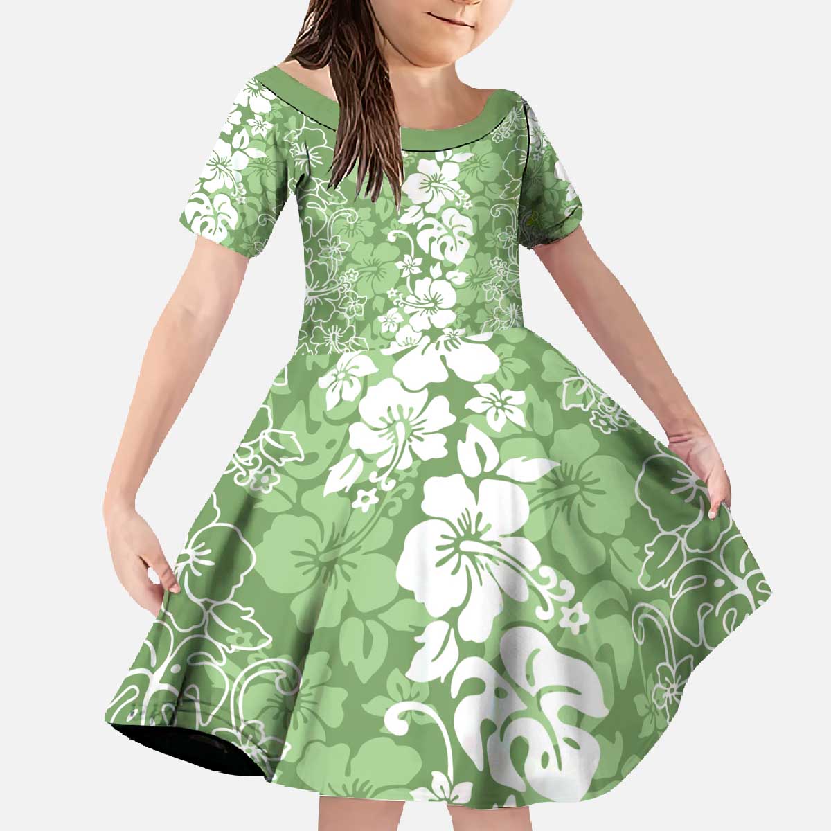 Hawaiian Lei Day Family Matching Off The Shoulder Long Sleeve Dress and Hawaiian Shirt Green Hibiscus Flowers Lei Art