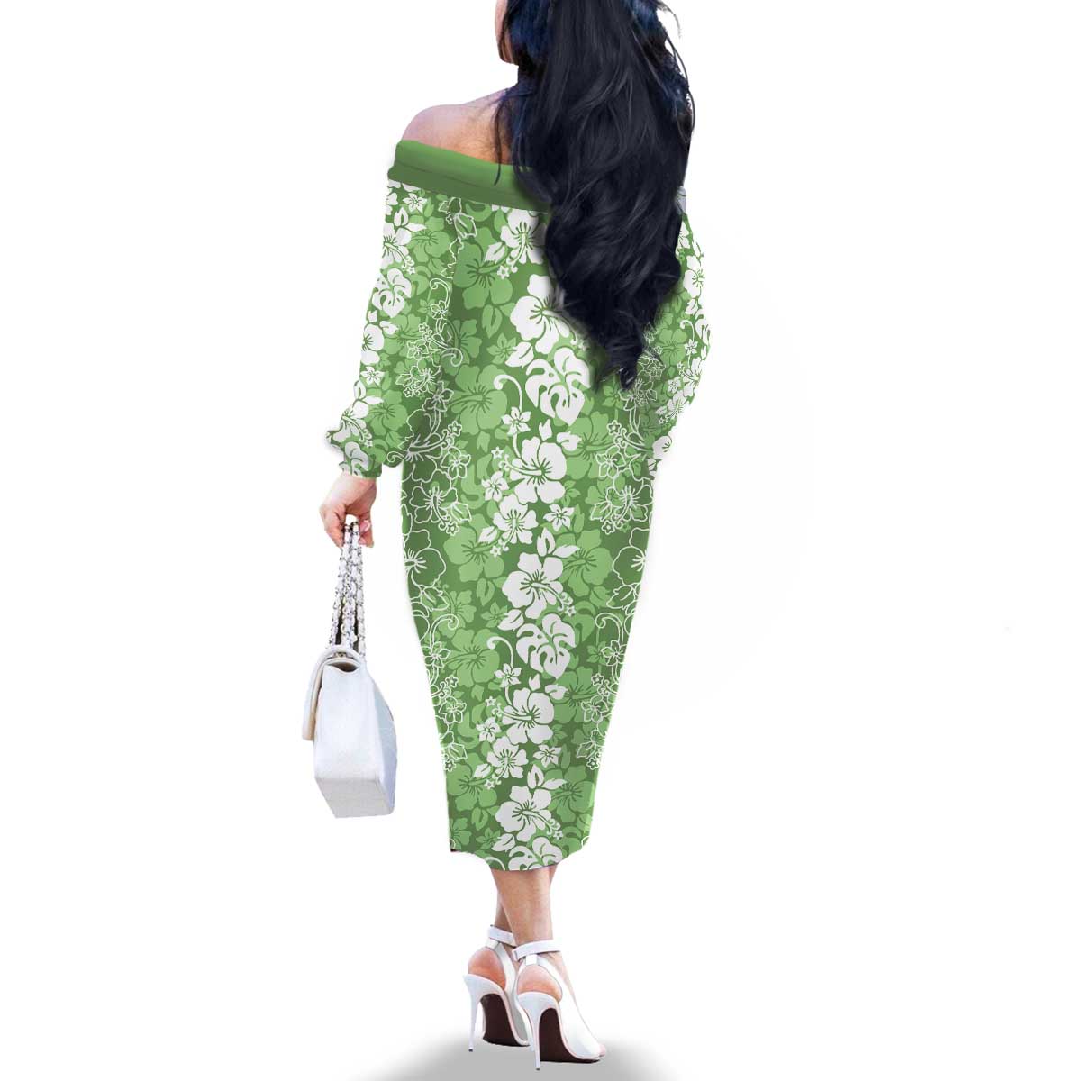 Hawaiian Lei Day Family Matching Off The Shoulder Long Sleeve Dress and Hawaiian Shirt Green Hibiscus Flowers Lei Art