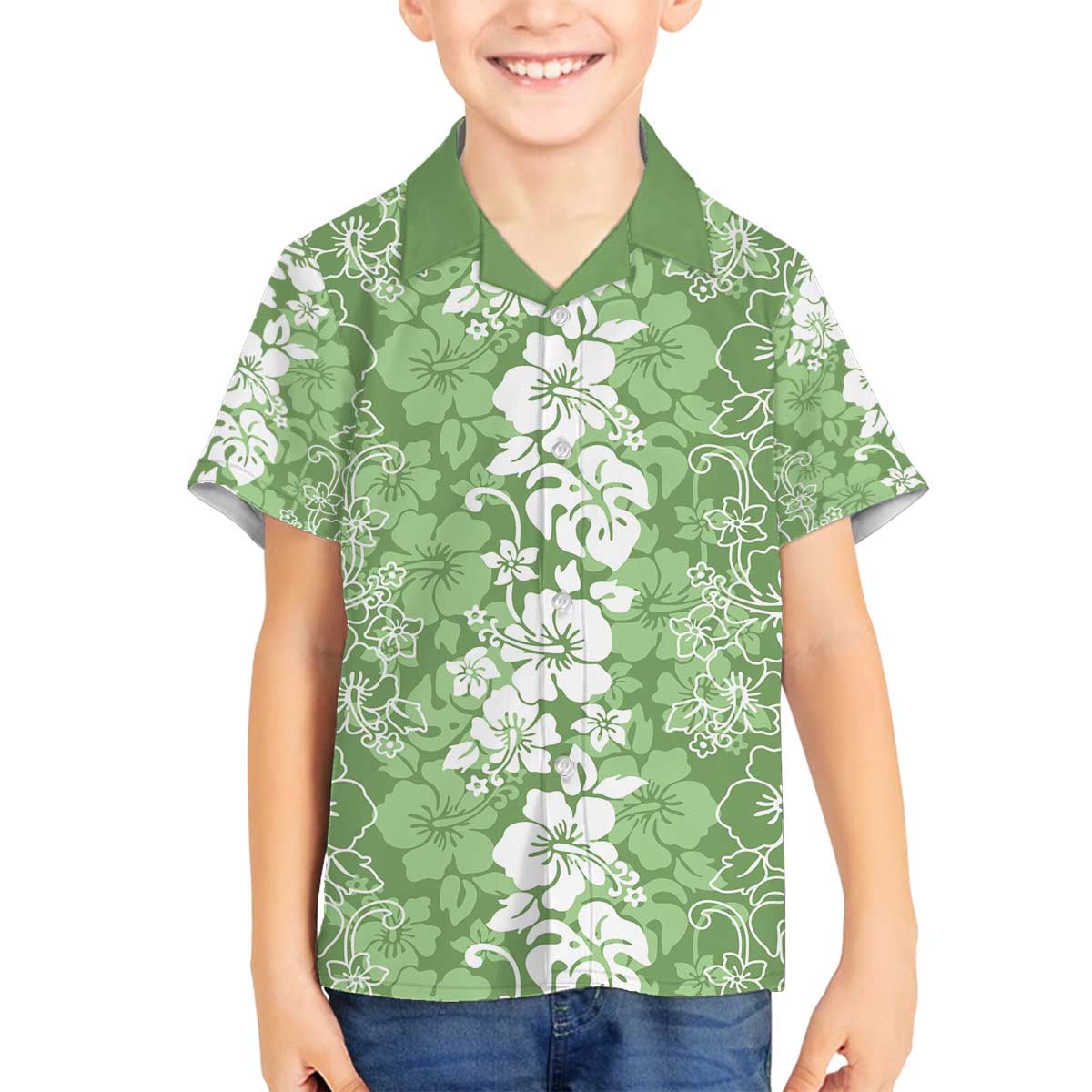Hawaiian Lei Day Family Matching Off The Shoulder Long Sleeve Dress and Hawaiian Shirt Green Hibiscus Flowers Lei Art