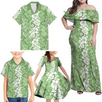 Hawaiian Lei Day Family Matching Off Shoulder Maxi Dress and Hawaiian Shirt Green Hibiscus Flowers Lei Art