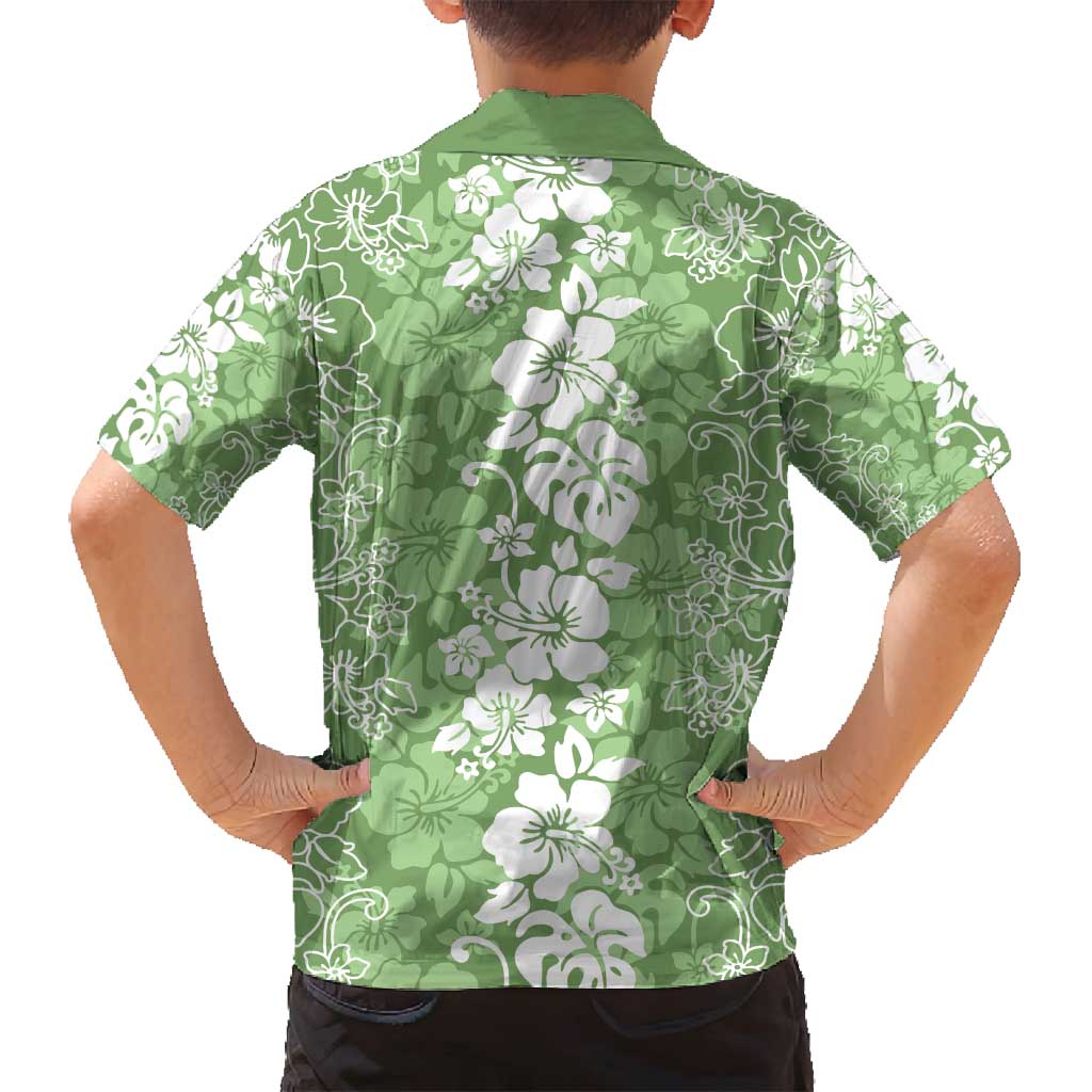 Hawaiian Lei Day Family Matching Off Shoulder Short Dress and Hawaiian Shirt Green Hibiscus Flowers Lei Art LT9 - Polynesian Pride
