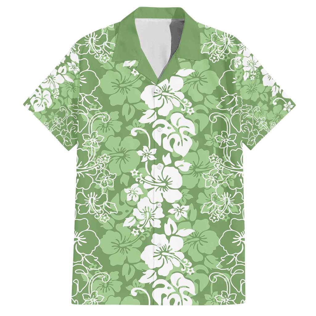 Hawaiian Lei Day Family Matching Off Shoulder Short Dress and Hawaiian Shirt Green Hibiscus Flowers Lei Art LT9 Dad's Shirt - Short Sleeve Green - Polynesian Pride