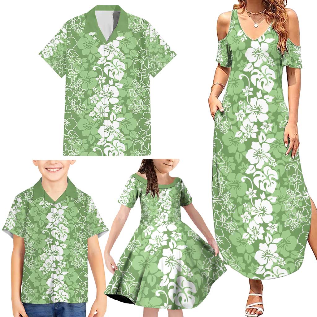 Hawaiian Lei Day Family Matching Summer Maxi Dress and Hawaiian Shirt Green Hibiscus Flowers Lei Art LT9 - Polynesian Pride