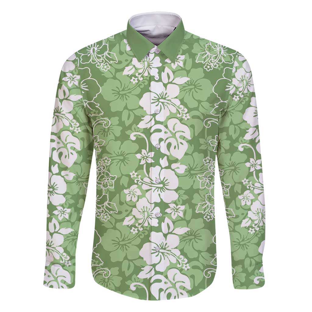 Hawaiian Lei Day Family Matching Tank Maxi Dress and Hawaiian Shirt Green Hibiscus Flowers Lei Art LT9 Dad's Shirt - Long Sleeve Green - Polynesian Pride