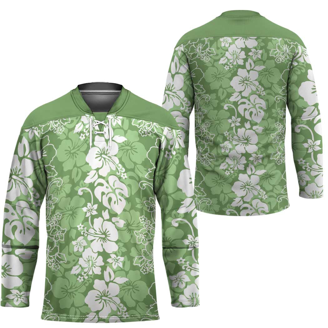 Hawaiian Lei Day Hockey Jersey Green Hibiscus Flowers Lei Art - Polynesian Pride