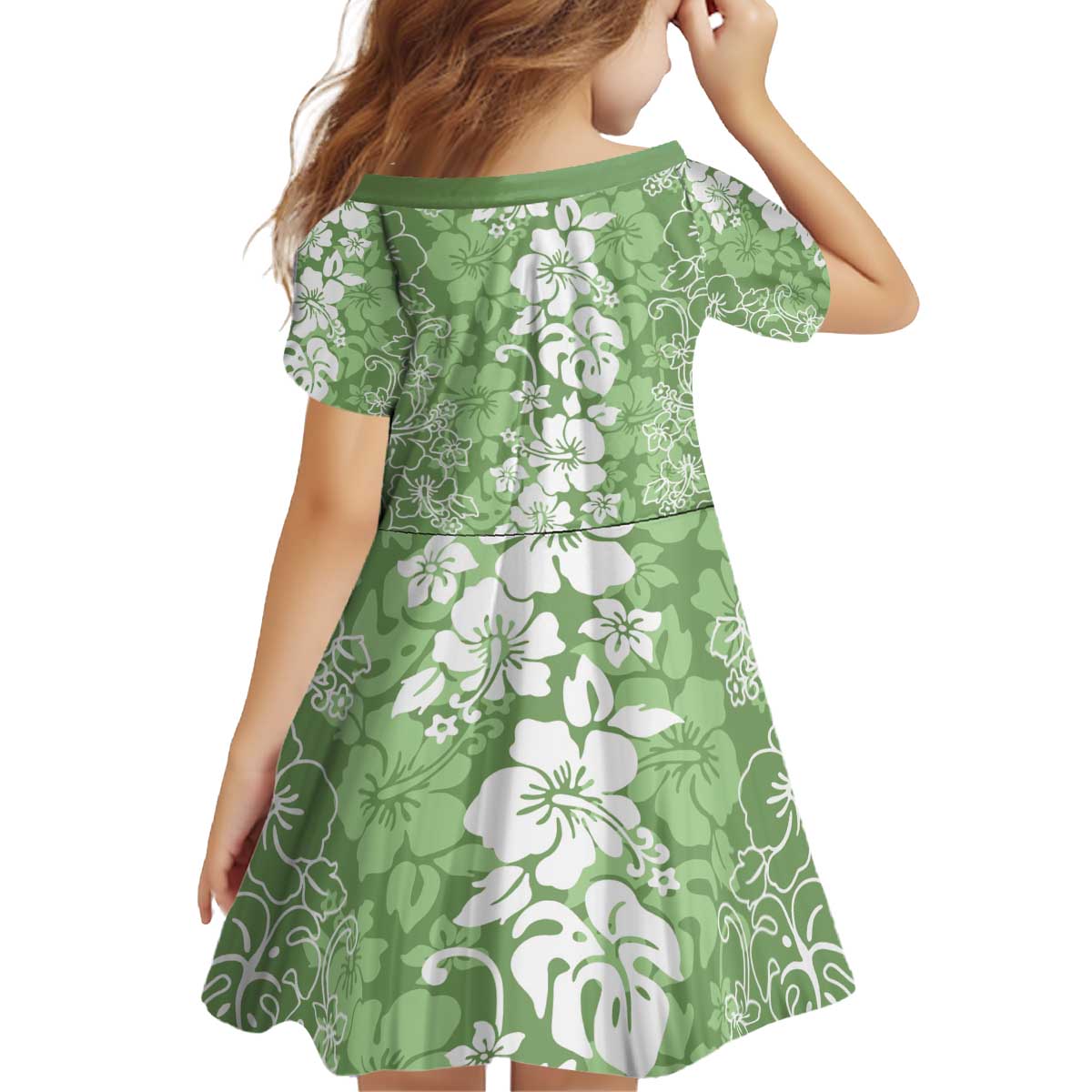 Hawaiian Lei Day Kid Short Sleeve Dress Green Hibiscus Flowers Lei Art LT9 - Polynesian Pride