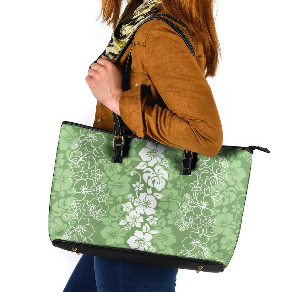 Hawaiian Lei Day Leather Tote Bag Green Hibiscus Flowers Lei Art LT9 Green - Polynesian Pride