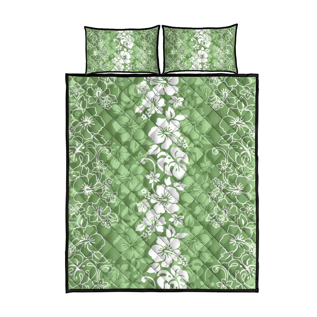 Hawaiian Lei Day Quilt Bed Set Green Hibiscus Flowers Lei Art