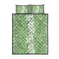 Hawaiian Lei Day Quilt Bed Set Green Hibiscus Flowers Lei Art