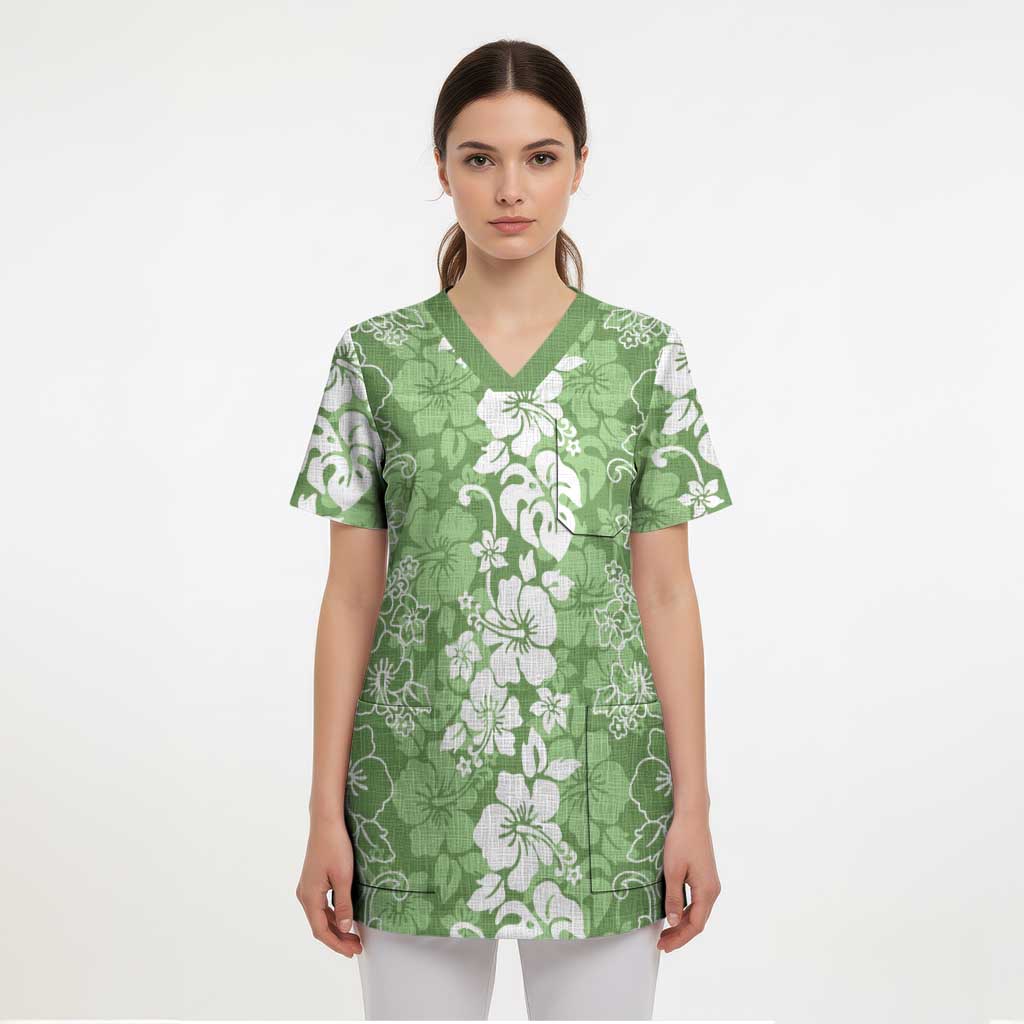 Hawaiian Lei Day Scrub Top Green Hibiscus Flowers Lei Art - Polynesian Pride