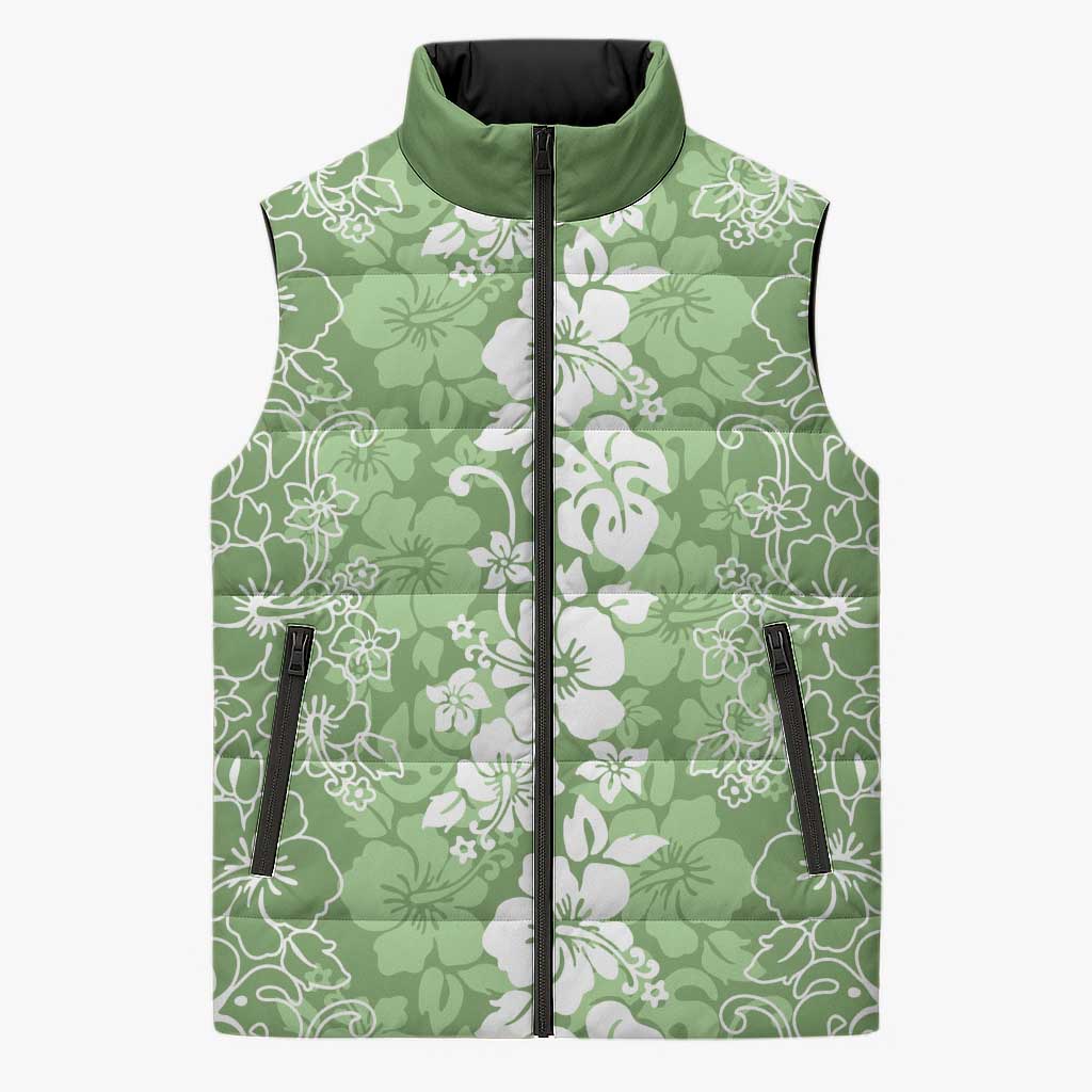 Hawaiian Lei Day Sleeveless Puffer Jacket Green Hibiscus Flowers Lei Art LT9 Unisex Green - Polynesian Pride