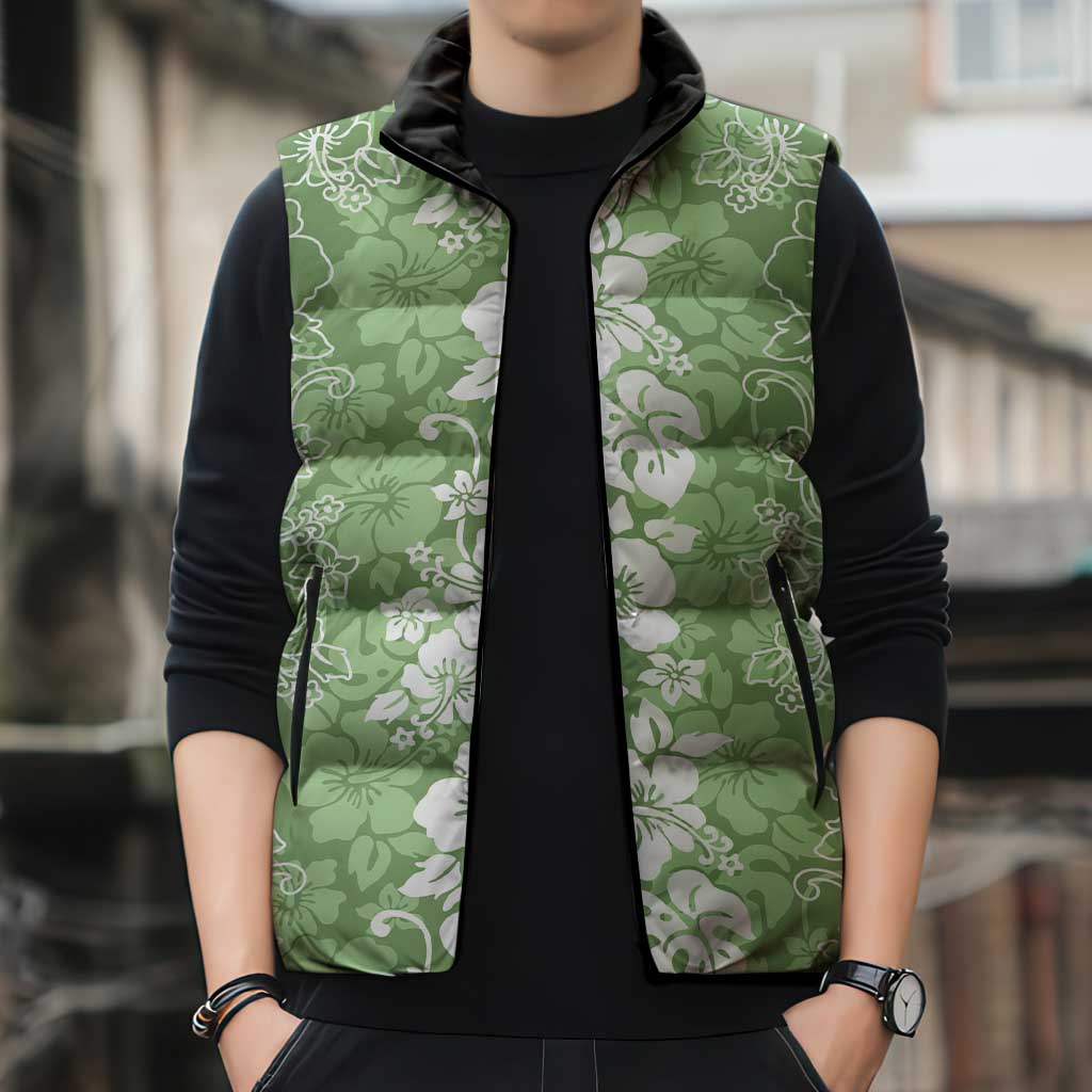 Hawaiian Lei Day Sleeveless Puffer Jacket Green Hibiscus Flowers Lei Art - Polynesian Pride