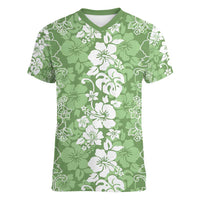 Hawaiian Lei Day Women V-Neck T-Shirt Green Hibiscus Flowers Lei Art LT9 Female Green - Polynesian Pride