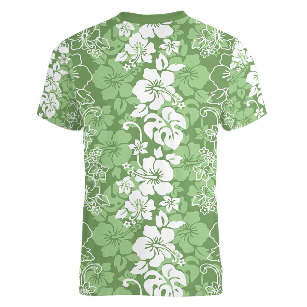 Hawaiian Lei Day Women V-Neck T-Shirt Green Hibiscus Flowers Lei Art LT9 - Polynesian Pride
