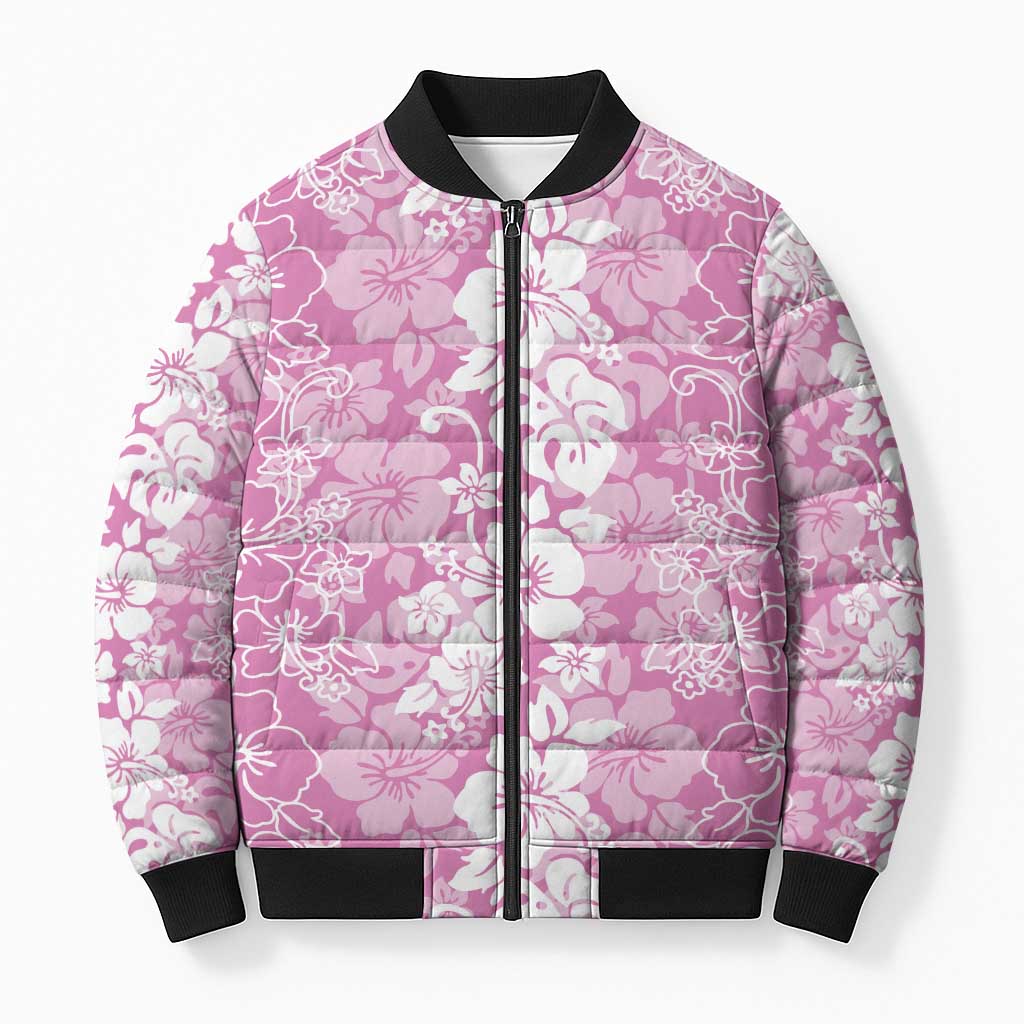 Hawaiian Lei Day Bomber Puffer Jacket Pink Hibiscus Flowers Lei Art LT9 Unisex Pink - Polynesian Pride
