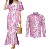 Hawaiian Lei Day Couples Matching Mermaid Dress and Long Sleeve Button Shirt Pink Hibiscus Flowers Lei Art LT9 Pink - Polynesian Pride