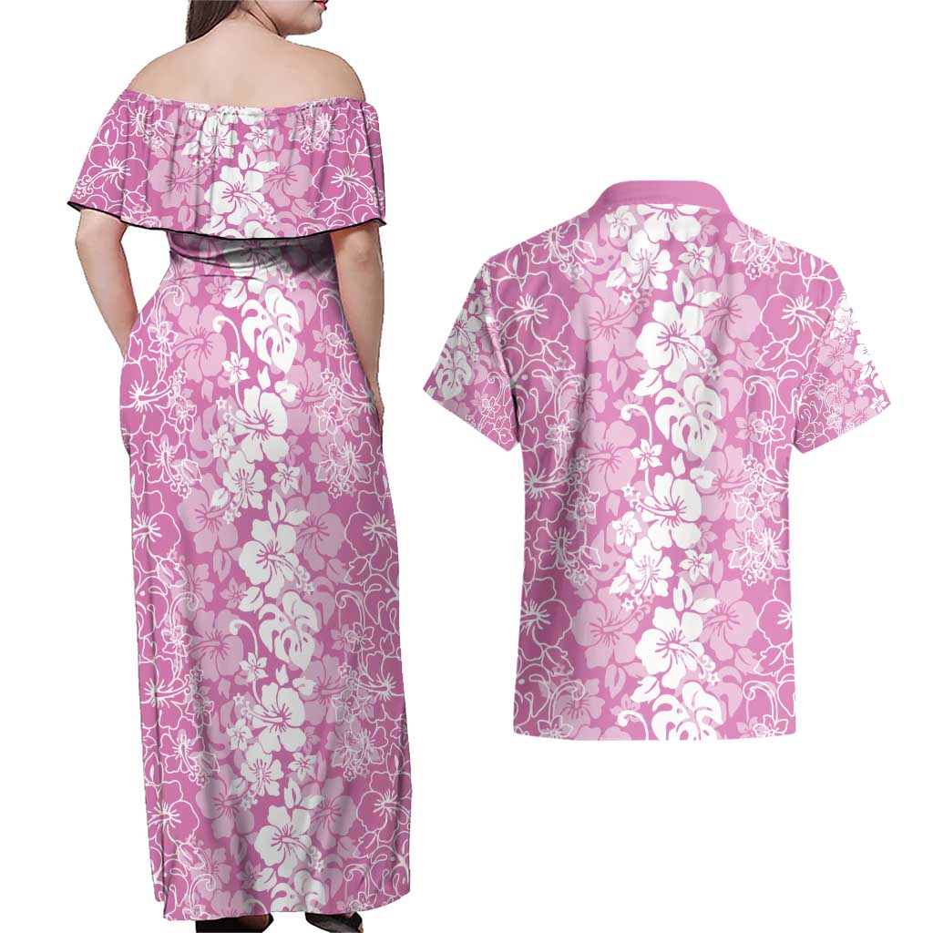 Hawaiian Lei Day Couples Matching Off Shoulder Maxi Dress and Hawaiian Shirt Pink Hibiscus Flowers Lei Art