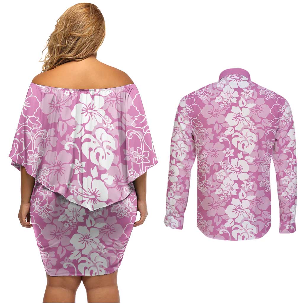 Hawaiian Lei Day Couples Matching Off Shoulder Short Dress and Long Sleeve Button Shirt Pink Hibiscus Flowers Lei Art LT9 - Polynesian Pride