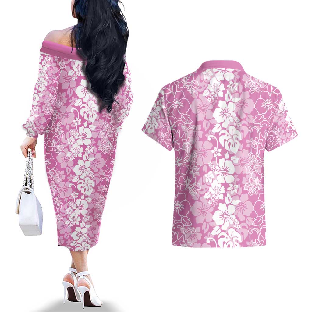 Hawaiian Lei Day Couples Matching Off The Shoulder Long Sleeve Dress and Hawaiian Shirt Pink Hibiscus Flowers Lei Art
