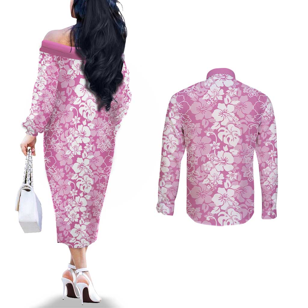 Hawaiian Lei Day Couples Matching Off The Shoulder Long Sleeve Dress and Long Sleeve Button Shirt Pink Hibiscus Flowers Lei Art