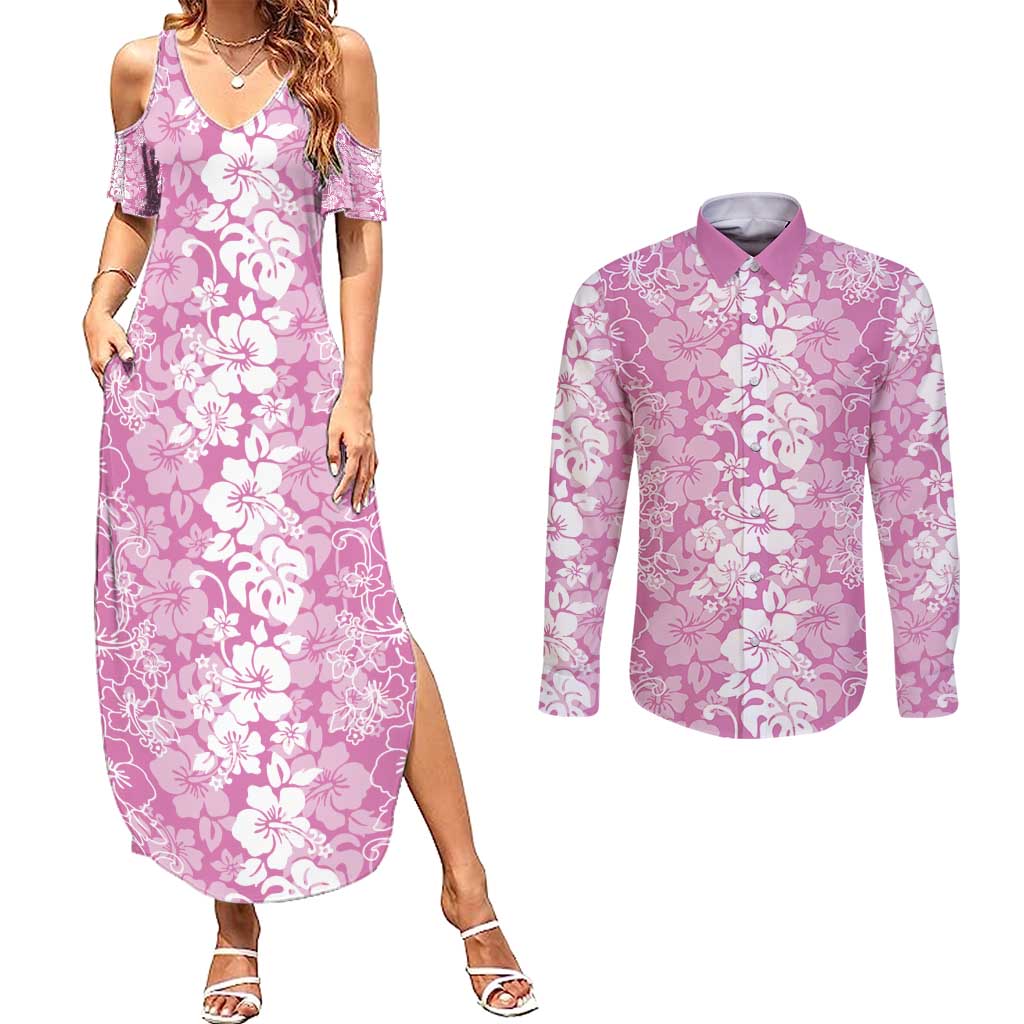 Hawaiian Lei Day Couples Matching Summer Maxi Dress and Long Sleeve Button Shirt Pink Hibiscus Flowers Lei Art LT9 Pink - Polynesian Pride
