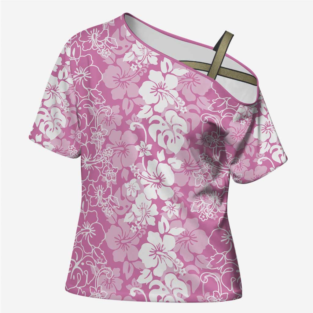 Hawaiian Lei Day Cross Shoulder Shirt Pink Hibiscus Flowers Lei Art LT9 Female Pink - Polynesian Pride