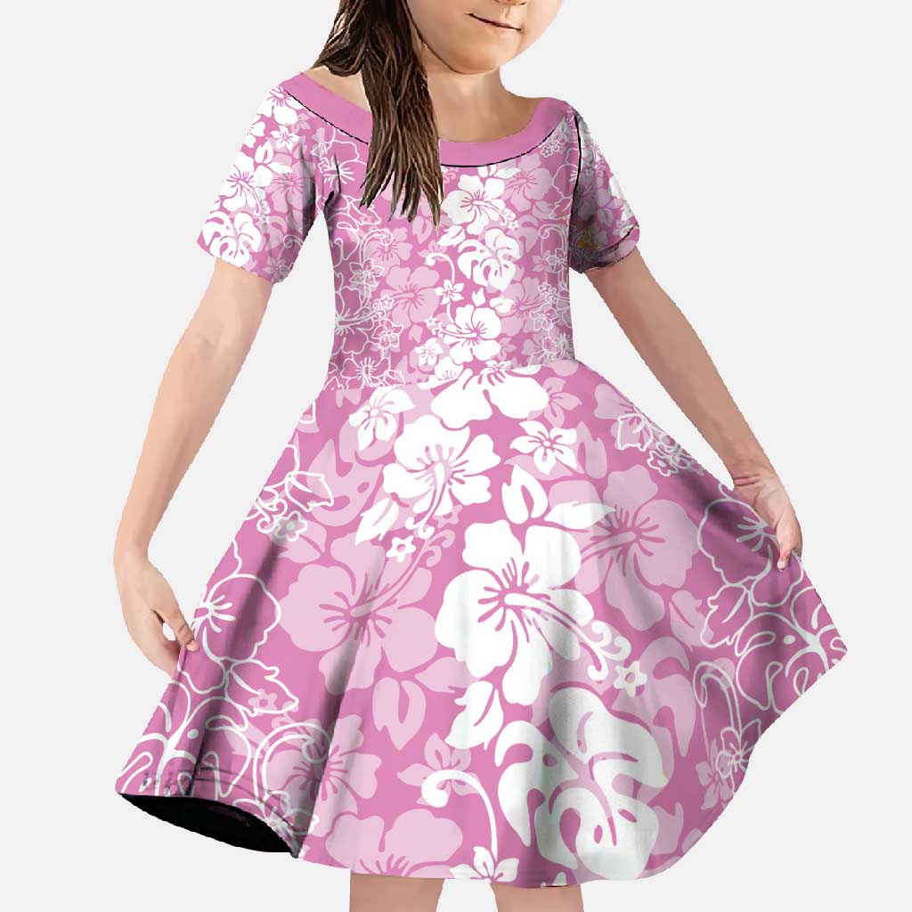 Hawaiian Lei Day Family Matching Long Sleeve Bodycon Dress and Hawaiian Shirt Pink Hibiscus Flowers Lei Art LT9 Daughter's Dress Pink - Polynesian Pride