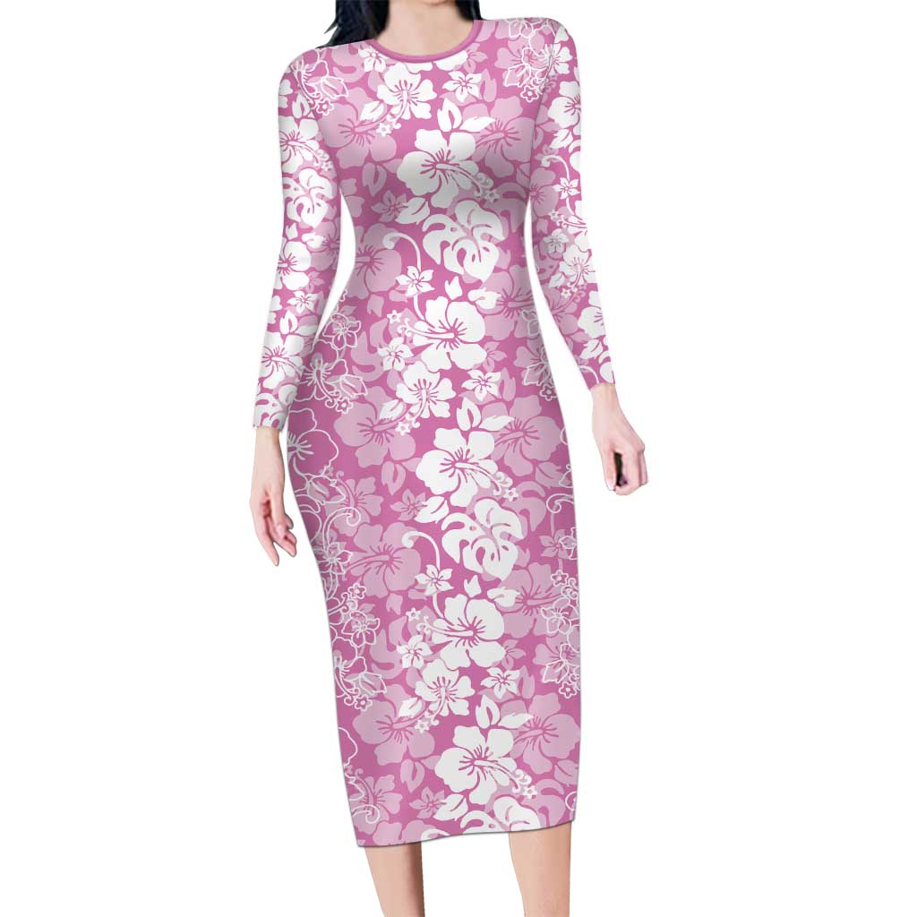 Hawaiian Lei Day Family Matching Long Sleeve Bodycon Dress and Hawaiian Shirt Pink Hibiscus Flowers Lei Art LT9 Mom's Dress Pink - Polynesian Pride